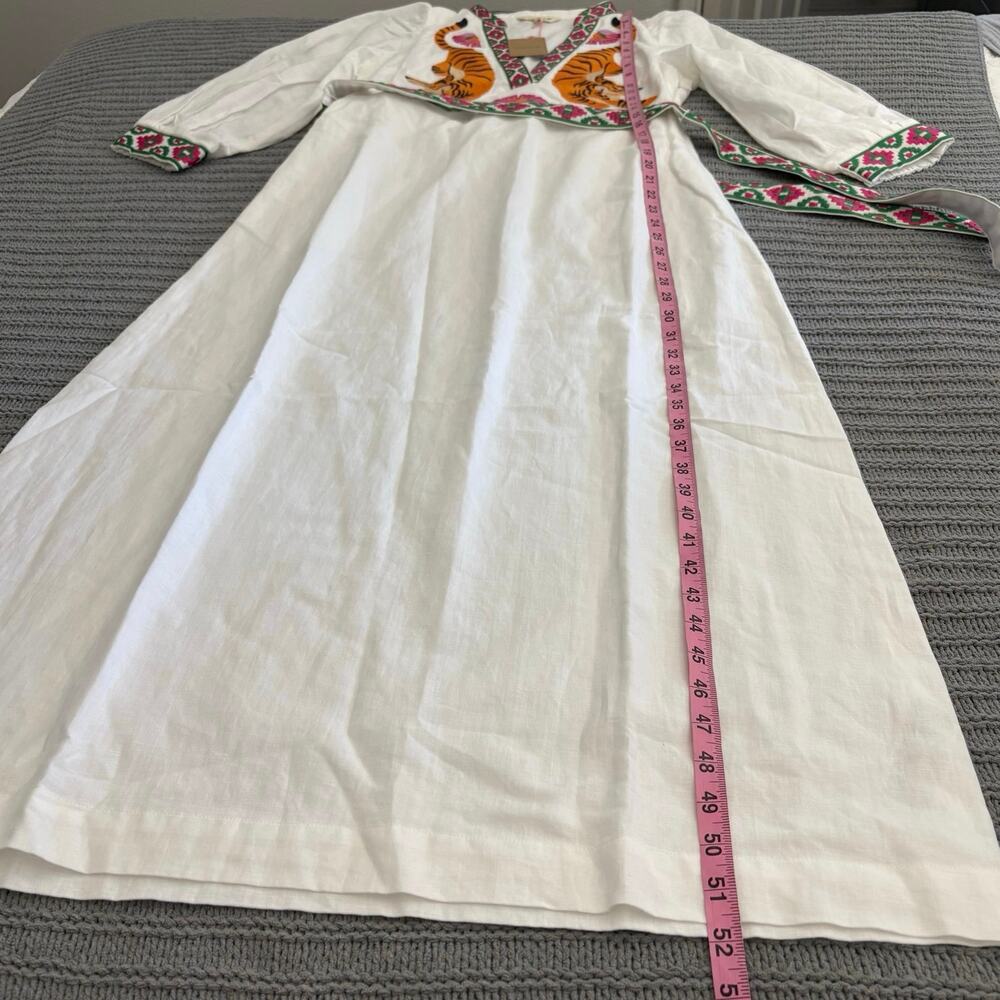 Boden Octavia Linen Blend Midi Dress Women’s Size 6 Long Embroidered Tiger Boho - Picture 4 of 15